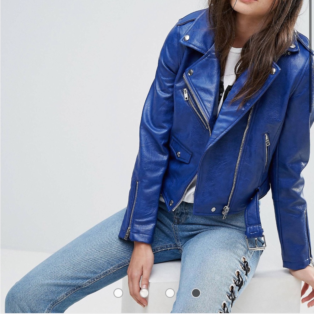 Blue faux leather biker jacket